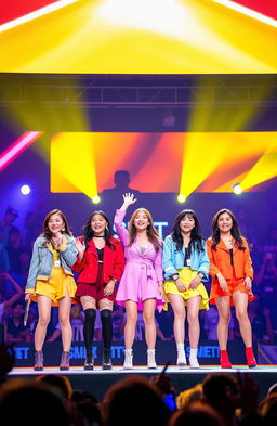 A captivating scene showcasing a vibrant and energetic K-Pop performance by SVT (Seventeen), with the group lined up on stage