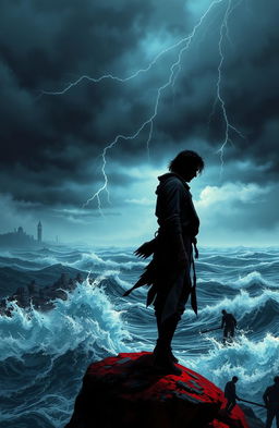 A dramatic representation of a person standing on the edge of a cliff, overlooking a tumultuous sea