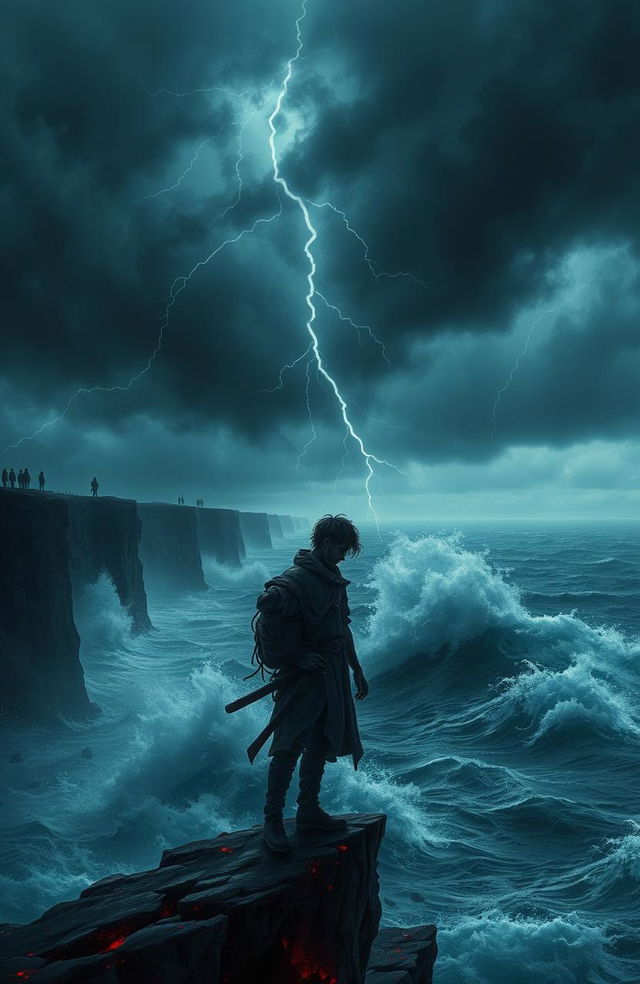 A dramatic representation of a person standing on the edge of a cliff, overlooking a tumultuous sea