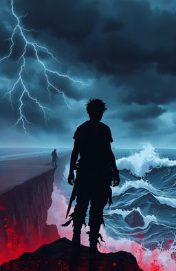 A dramatic representation of a person standing on the edge of a cliff, overlooking a tumultuous sea