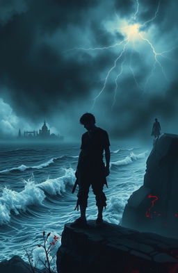 A dramatic representation of a person standing on the edge of a cliff, overlooking a tumultuous sea