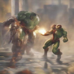 Iron Man in his iconic armor engaged in a dynamic battle with the powerful Hulk amidst an urban cityscape