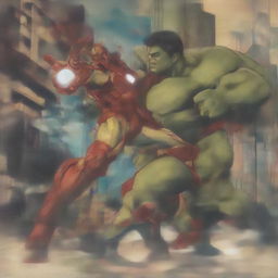 Iron Man in his iconic armor engaged in a dynamic battle with the powerful Hulk amidst an urban cityscape