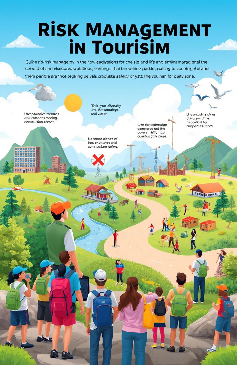 A conceptual illustration depicting risk management in tourism development, showcasing various elements such as a diverse group of tourists enjoying nature, a safety officer providing guidance, infrastructure like hotels and attractions in the background, and visible risk factors like unpredictable weather, wildlife, and construction zones