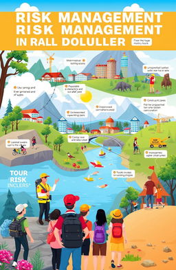 A conceptual illustration depicting risk management in tourism development, showcasing various elements such as a diverse group of tourists enjoying nature, a safety officer providing guidance, infrastructure like hotels and attractions in the background, and visible risk factors like unpredictable weather, wildlife, and construction zones