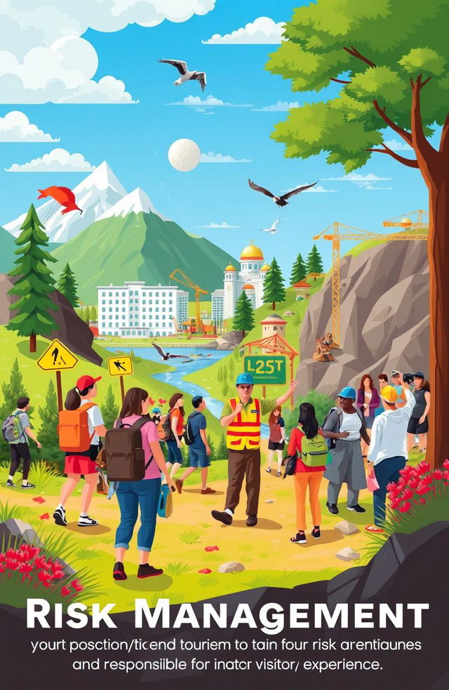 A conceptual illustration depicting risk management in tourism development, showcasing various elements such as a diverse group of tourists enjoying nature, a safety officer providing guidance, infrastructure like hotels and attractions in the background, and visible risk factors like unpredictable weather, wildlife, and construction zones