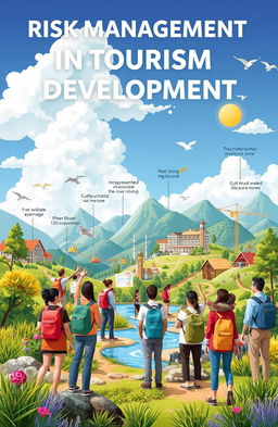 A conceptual illustration depicting risk management in tourism development, showcasing various elements such as a diverse group of tourists enjoying nature, a safety officer providing guidance, infrastructure like hotels and attractions in the background, and visible risk factors like unpredictable weather, wildlife, and construction zones