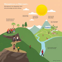 Ilustrasi konsep tentang manajemen risiko dalam pengembangan pariwisata, menampilkan berbagai elemen seperti sekelompok wisatawan yang beragam menikmati keindahan alam, seorang petugas keamanan yang memberikan arahan, serta infrastruktur seperti hotel dan objek wisata di latar belakang