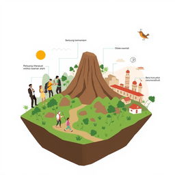 Ilustrasi konsep tentang manajemen risiko dalam pengembangan pariwisata, menampilkan berbagai elemen seperti sekelompok wisatawan yang beragam menikmati keindahan alam, seorang petugas keamanan yang memberikan arahan, serta infrastruktur seperti hotel dan objek wisata di latar belakang