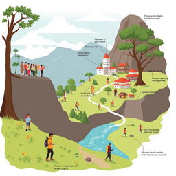 Ilustrasi konsep tentang manajemen risiko dalam pengembangan pariwisata, menampilkan berbagai elemen seperti sekelompok wisatawan yang beragam menikmati keindahan alam, seorang petugas keamanan yang memberikan arahan, serta infrastruktur seperti hotel dan objek wisata di latar belakang