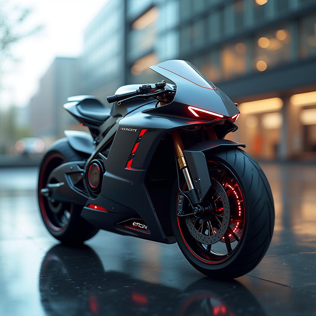 A captivating concept design visualization of a Citroën hyper sport motorcycle, presented in a front lateral view