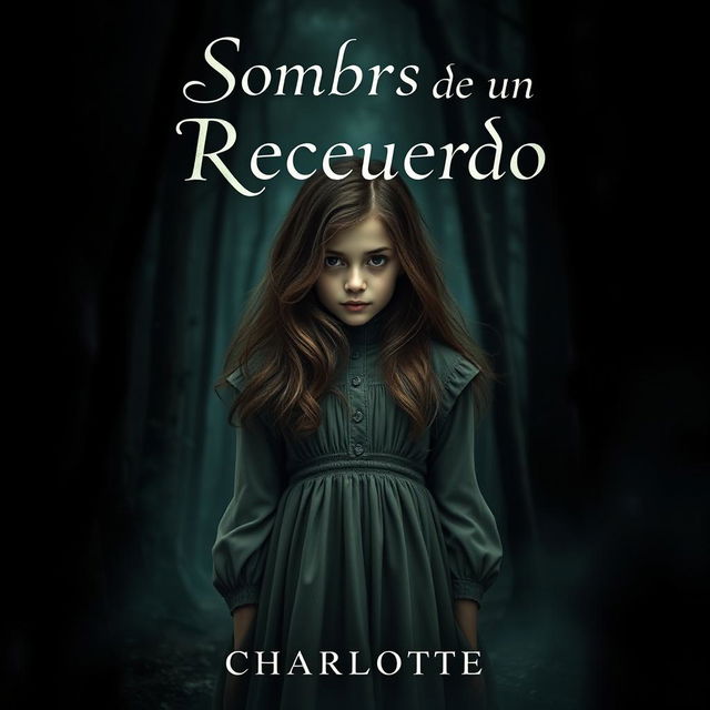 A hauntingly beautiful book cover for a mystery novel titled 'Sombras de un Recuerdo'