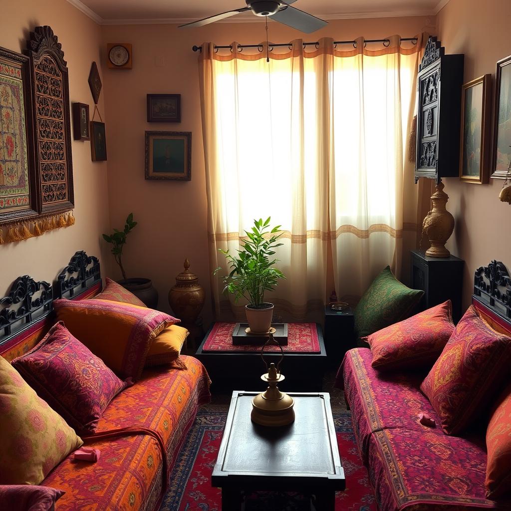 A cozy and inviting interior of an Indian home, featuring traditional decor elements such as colorful fabrics, intricate wood carvings, and ornate artifacts