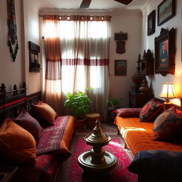 A cozy and inviting interior of an Indian home, featuring traditional decor elements such as colorful fabrics, intricate wood carvings, and ornate artifacts