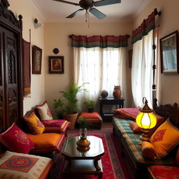 A cozy and inviting interior of an Indian home, featuring traditional decor elements such as colorful fabrics, intricate wood carvings, and ornate artifacts