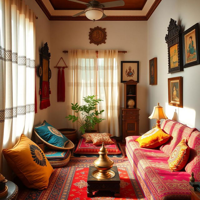 A cozy and inviting interior of an Indian home, featuring traditional decor elements such as colorful fabrics, intricate wood carvings, and ornate artifacts