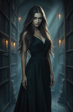 A woman dressed in an elegant, flowing gown made of dark velvet that seems to merge with the shadows around her, standing in a dimly lit, ancient library filled with mysterious books and floating dust motes