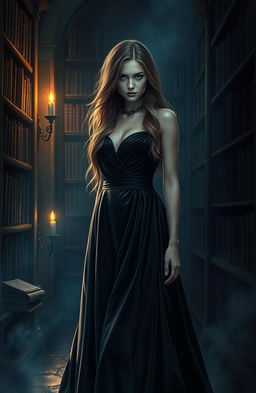 A woman dressed in an elegant, flowing gown made of dark velvet that seems to merge with the shadows around her, standing in a dimly lit, ancient library filled with mysterious books and floating dust motes