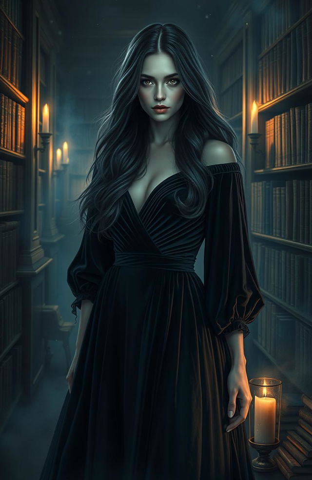 A woman dressed in an elegant, flowing gown made of dark velvet that seems to merge with the shadows around her, standing in a dimly lit, ancient library filled with mysterious books and floating dust motes