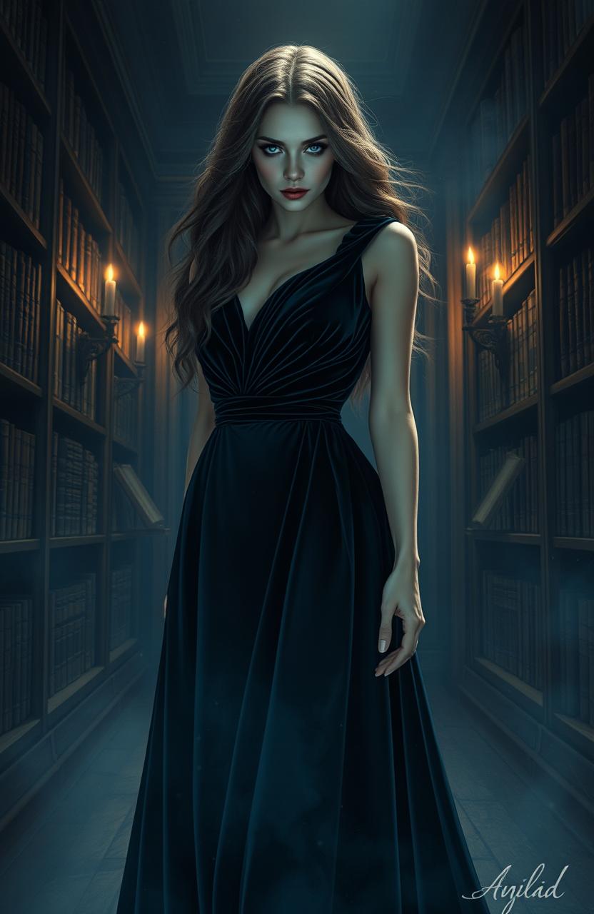 A woman dressed in an elegant, flowing gown made of dark velvet that seems to merge with the shadows around her, standing in a dimly lit, ancient library filled with mysterious books and floating dust motes