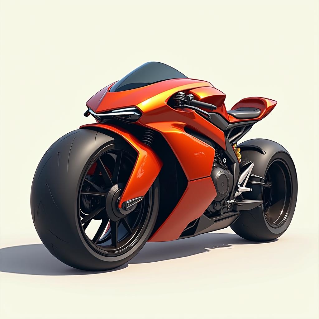 A high-quality sketch of an ultra-futuristic Citroën sports motorcycle, named DS 1000 SM, featuring a stunning metallic orange red color