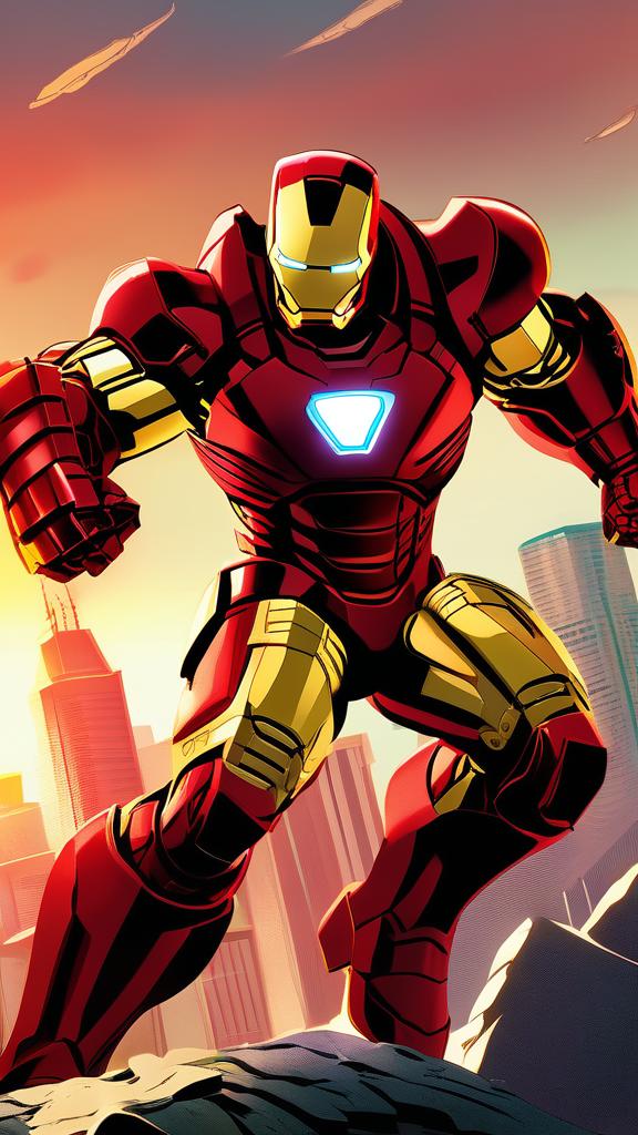 Digital art of Iron Man in his red and gold armor fighting the Hulk amidst a cityscape at sunset.