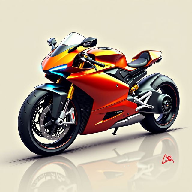 A high-quality sketch of an ultra-futuristic Citroën sports motorcycle, named DS 1000 SM, featuring a striking metallic orange red color