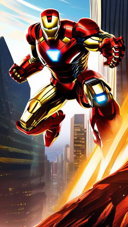 Digital art of Iron Man in his red and gold armor fighting the Hulk amidst a cityscape at sunset.