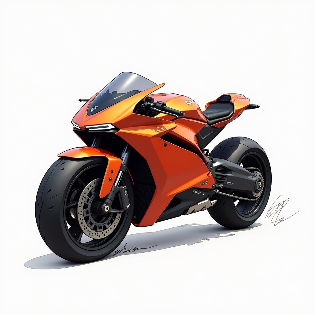 A high-quality sketch of an ultra-futuristic Citroën sports motorcycle, designated as DS 1000 SM, showcased in a vibrant metallic orange red color