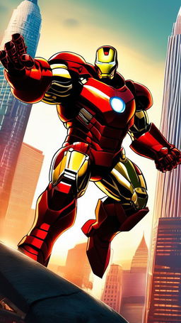 Digital art of Iron Man in his red and gold armor fighting the Hulk amidst a cityscape at sunset.