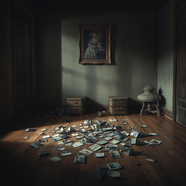 A poignant scene depicting a broken family, with shattered memories symbolized by fragmented photographs scattered on a wooden floor