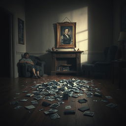 A poignant scene depicting a broken family, with shattered memories symbolized by fragmented photographs scattered on a wooden floor