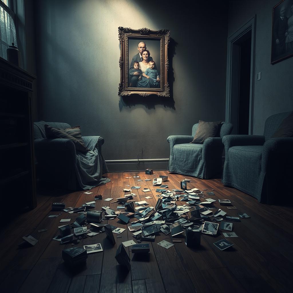 A poignant scene depicting a broken family, with shattered memories symbolized by fragmented photographs scattered on a wooden floor