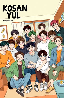 A vibrant and engaging illustration featuring 15 male figures styled in a modern, youthful way, resembling members of a lively group