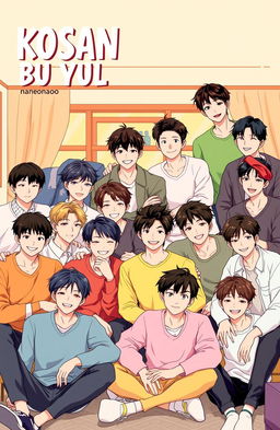 A vibrant and engaging illustration featuring 15 male figures styled in a modern, youthful way, resembling members of a lively group