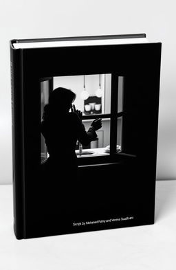 A minimalist black and white book cover depicting a woman peering through a kitchen window, observing her neighbor's intimate moments