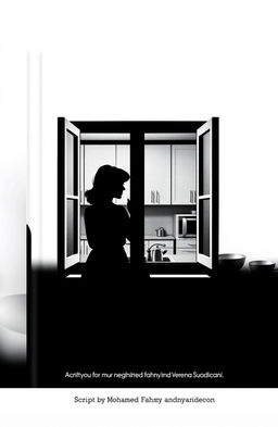 A minimalist black and white book cover depicting a woman peering through a kitchen window, observing her neighbor's intimate moments