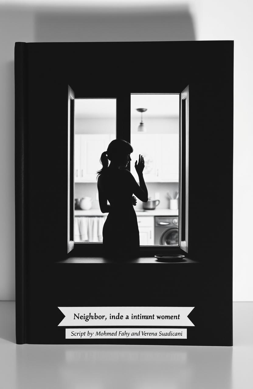 A minimalist black and white book cover depicting a woman peering through a kitchen window, observing her neighbor's intimate moments