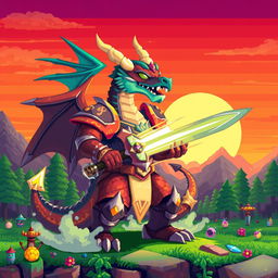 A captivating and dynamic scene featuring an epic 8-bit dragon-human warrior character