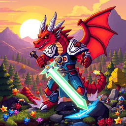 A captivating and dynamic scene featuring an epic 8-bit dragon-human warrior character