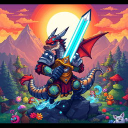 A captivating and dynamic scene featuring an epic 8-bit dragon-human warrior character