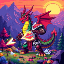 A captivating and dynamic scene featuring an epic 8-bit dragon-human warrior character