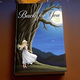 An enchanting book cover for 'Back for You', depicting a girl standing next to a grand, ancient tree with a thick trunk, gazing wistfully up at a bright full moon