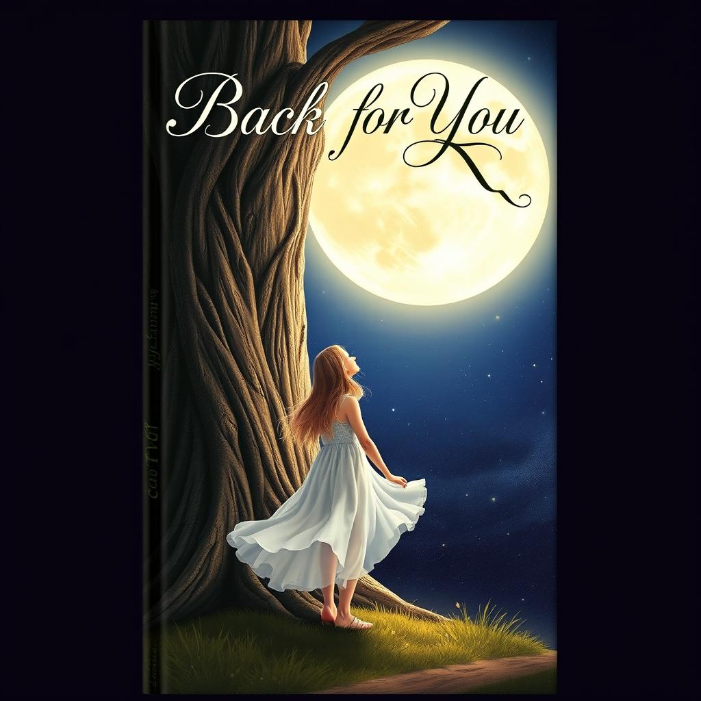 An enchanting book cover for 'Back for You', depicting a girl standing next to a grand, ancient tree with a thick trunk, gazing wistfully up at a bright full moon