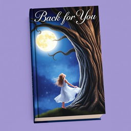 An enchanting book cover for 'Back for You', depicting a girl standing next to a grand, ancient tree with a thick trunk, gazing wistfully up at a bright full moon