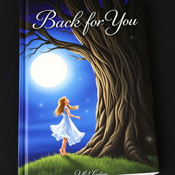An enchanting book cover for 'Back for You', depicting a girl standing next to a grand, ancient tree with a thick trunk, gazing wistfully up at a bright full moon