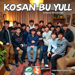A group of 15 young adult males with diverse features and stylish outfits gathered in a cozy, inviting living room setting, showcasing a friendly and lively atmosphere