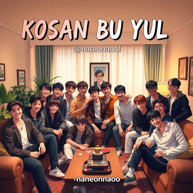 A group of 15 young adult males with diverse features and stylish outfits gathered in a cozy, inviting living room setting, showcasing a friendly and lively atmosphere