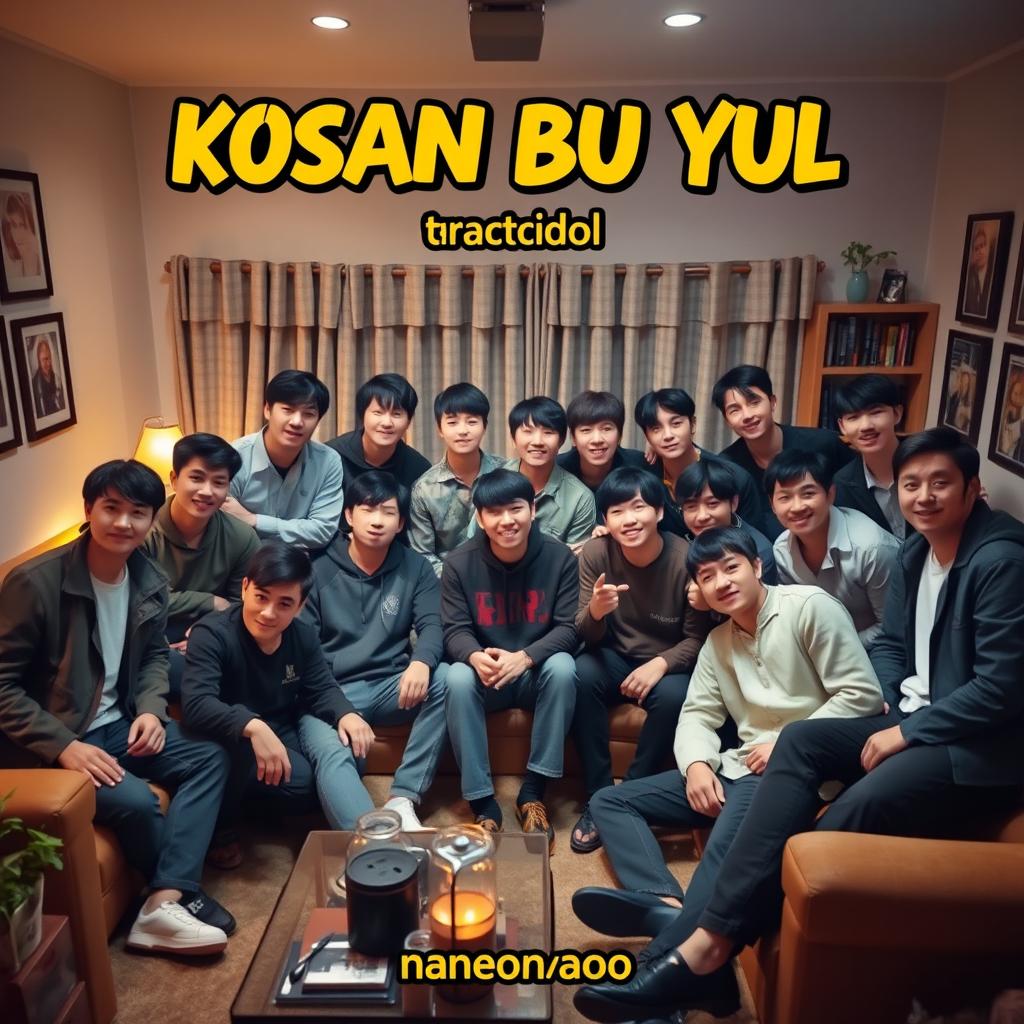 A group of 15 young adult males with diverse features and stylish outfits gathered in a cozy, inviting living room setting, showcasing a friendly and lively atmosphere