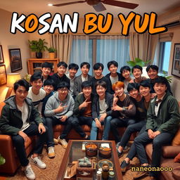 A group of 15 young adult males with diverse features and stylish outfits gathered in a cozy, inviting living room setting, showcasing a friendly and lively atmosphere